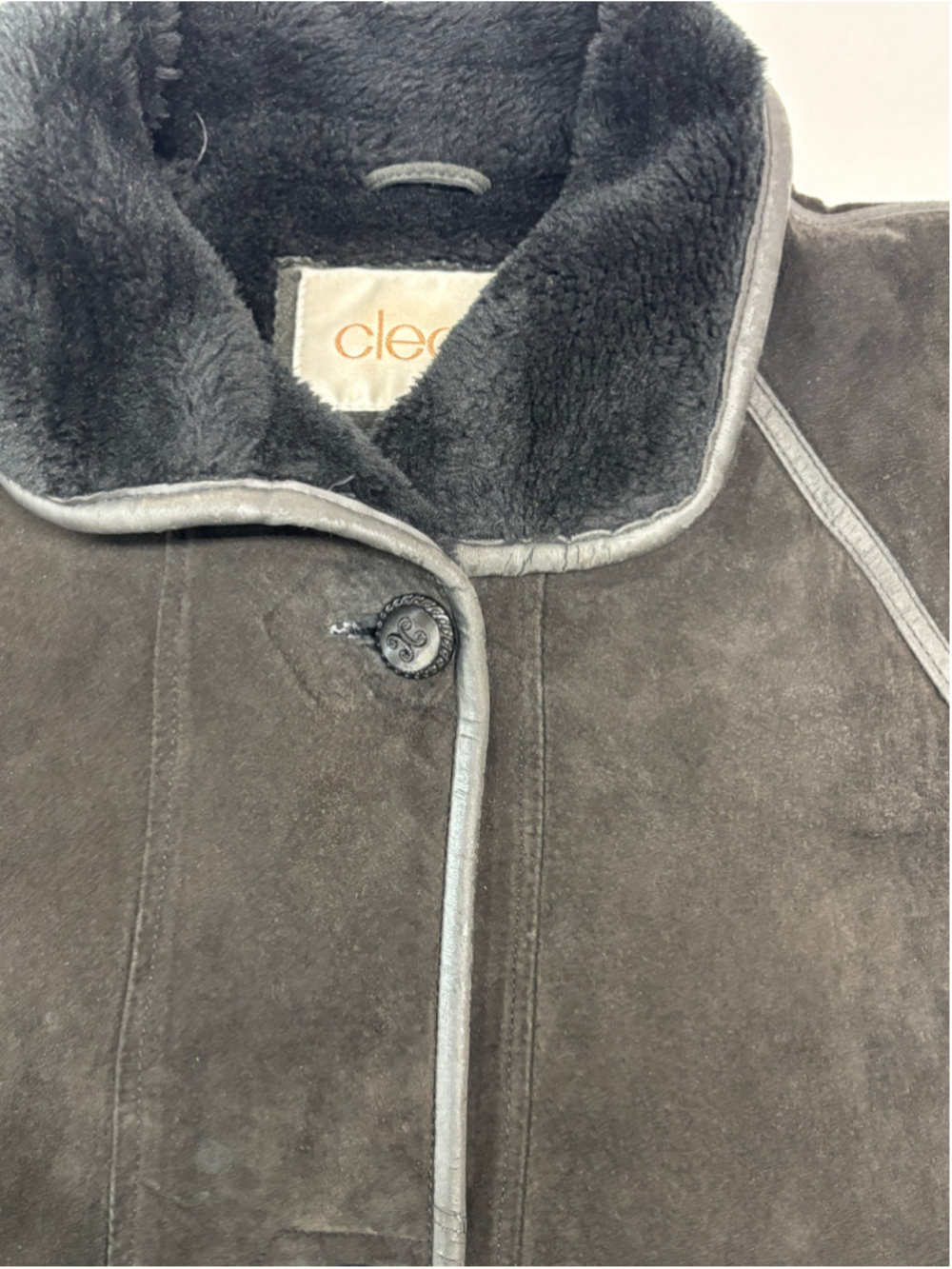 Vintage Cleo Genuine Suede Leather Coat Faux Shearling Trim Brown Large - Picture 11 of 11